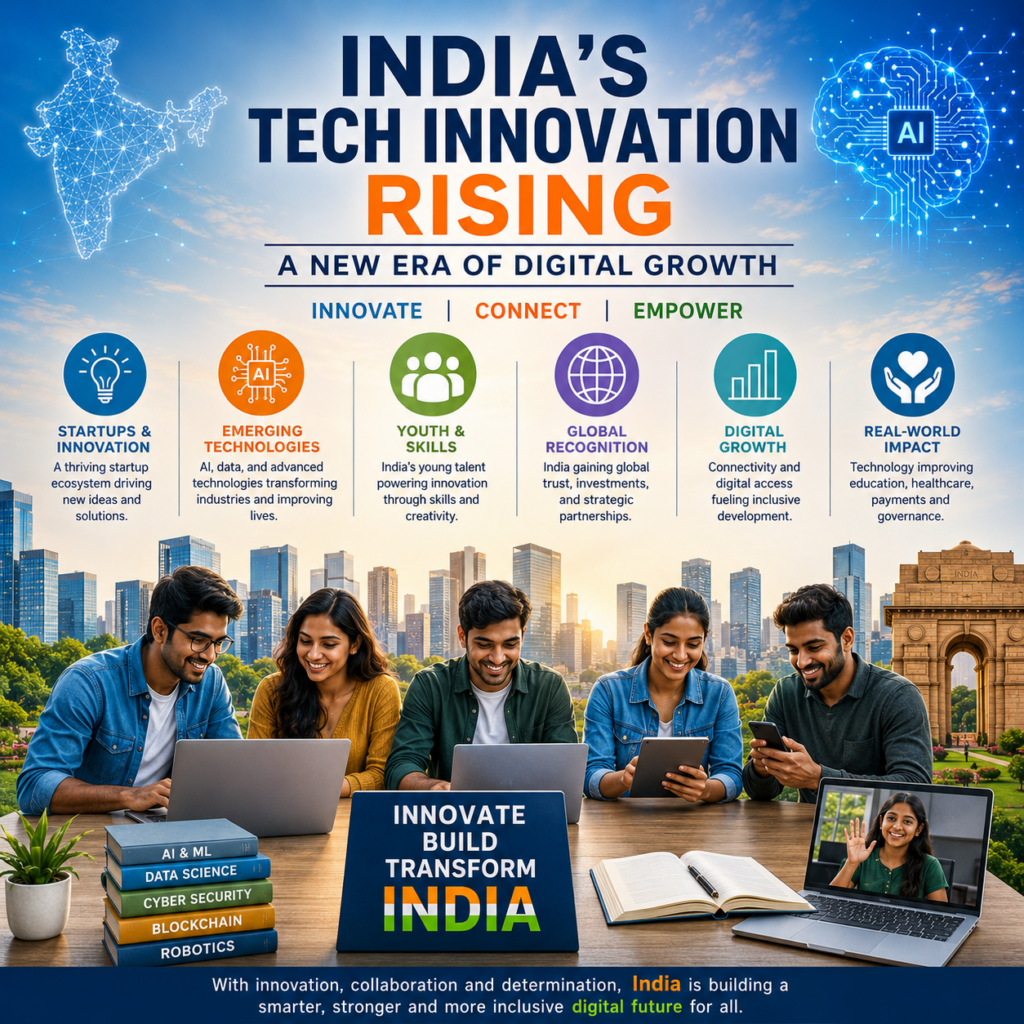 Young professionals using technology with futuristic AI graphics and a modern Indian city backdrop.