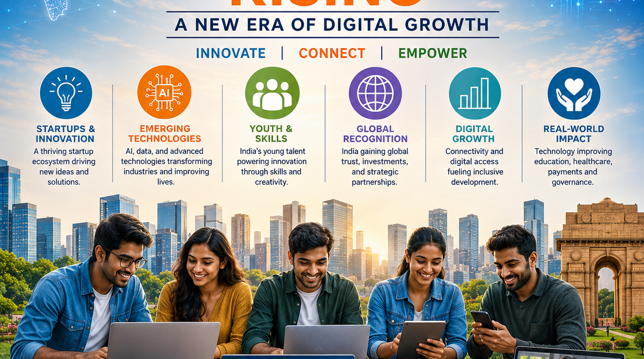 Young professionals using technology with futuristic AI graphics and a modern Indian city backdrop.