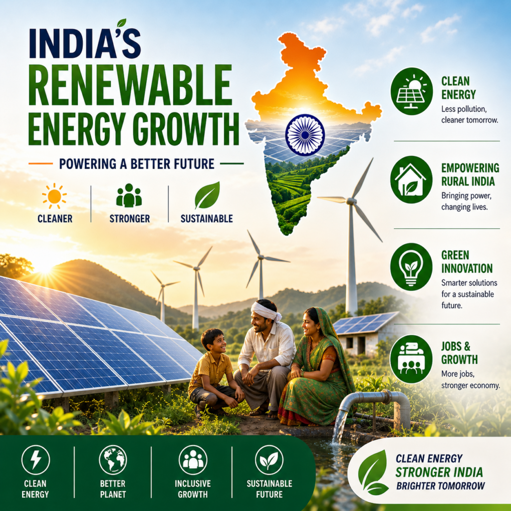 Square infographic of India’s renewable energy with solar panels, wind turbines, and a rural family.