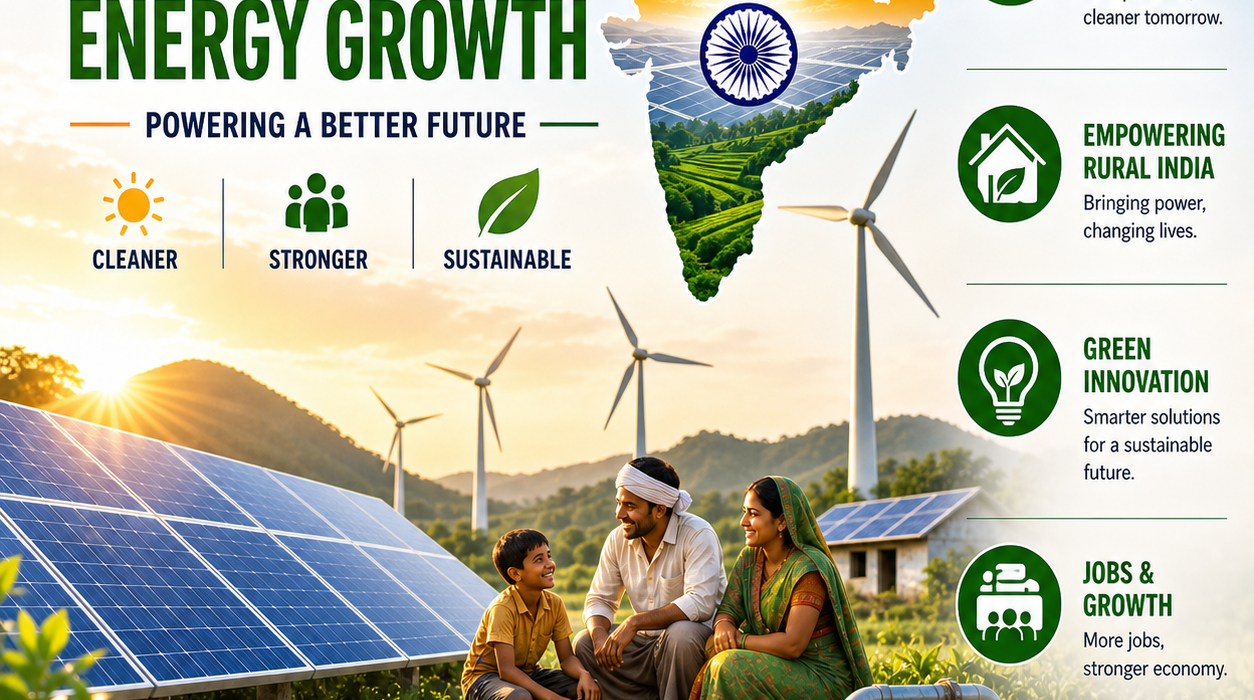 Square infographic of India’s renewable energy with solar panels, wind turbines, and a rural family.