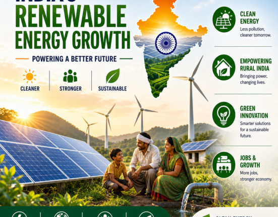 Square infographic of India’s renewable energy with solar panels, wind turbines, and a rural family.
