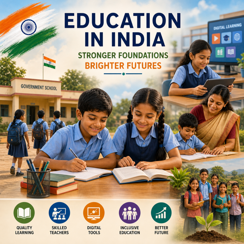 Students learning with teacher and digital tools in an Indian school