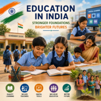 Students learning with teacher and digital tools in an Indian school