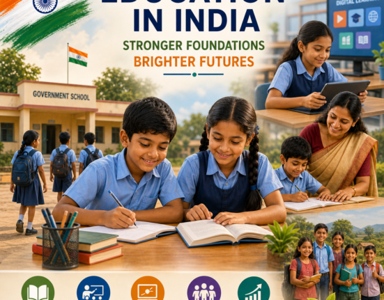 Students learning with teacher and digital tools in an Indian school