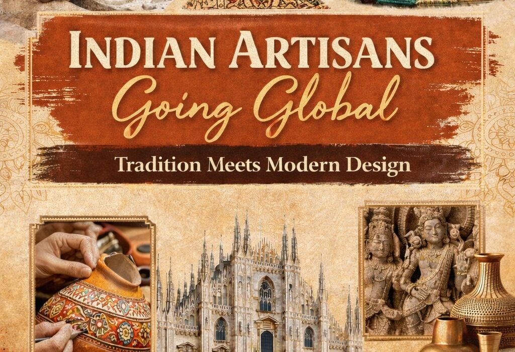 Indian artisans creating traditional crafts showcased globally through design residency, featuring pottery, textiles, sculptures, and cultural art blending with modern design.