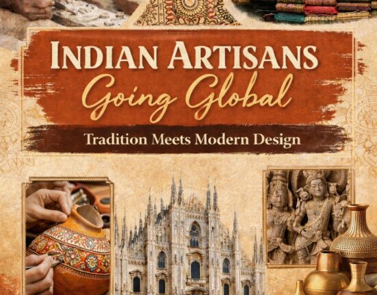 Indian artisans creating traditional crafts showcased globally through design residency, featuring pottery, textiles, sculptures, and cultural art blending with modern design.
