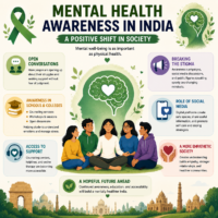 Mental health awareness poster showing people sitting together, a brain illustration, and key themes like support, empathy, and open conversations.