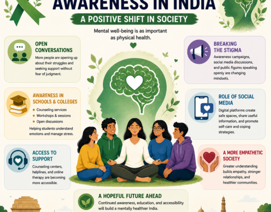 Mental health awareness poster showing people sitting together, a brain illustration, and key themes like support, empathy, and open conversations.