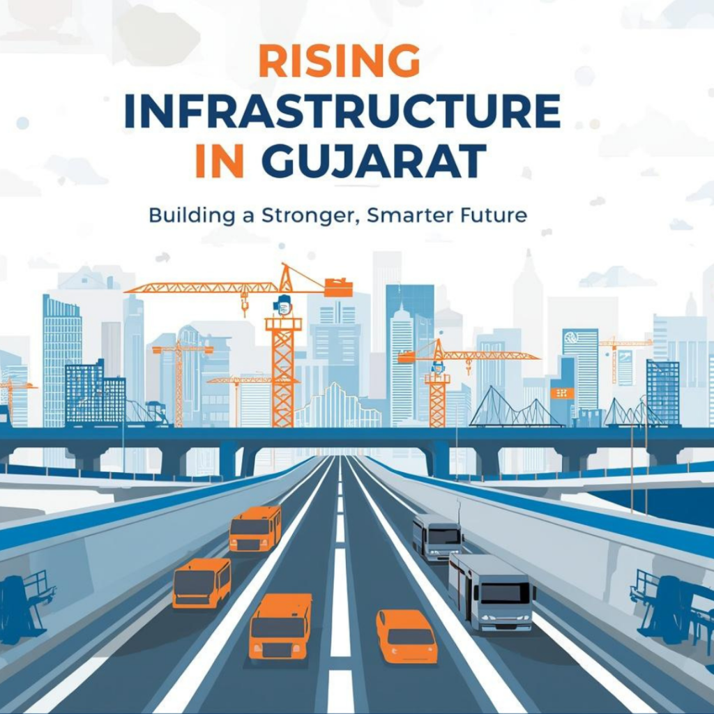 Gujarat infrastructure development showing modern roads, smart cities, industrial growth, and job opportunities