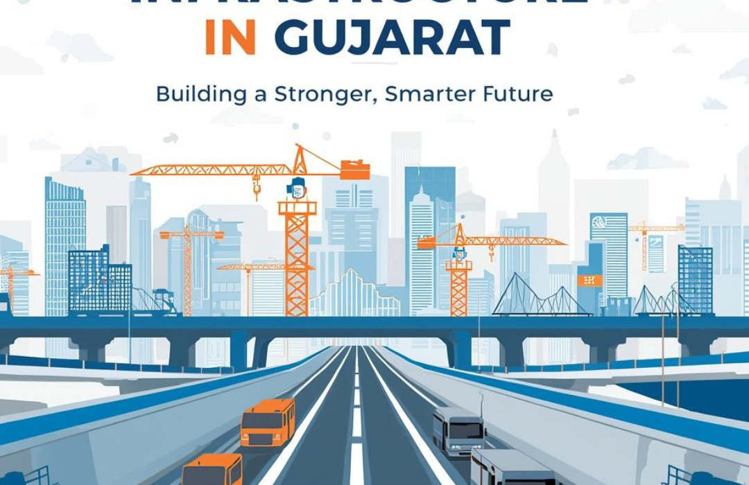 Gujarat infrastructure development showing modern roads, smart cities, industrial growth, and job opportunities