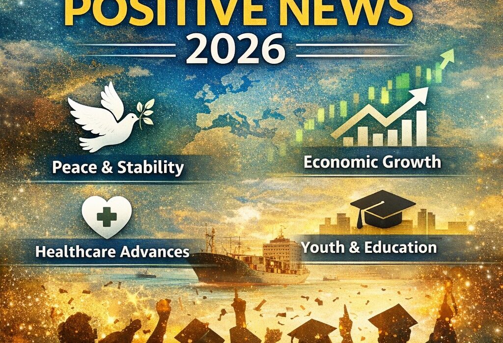 Square infographic poster showing positive news 2026 with themes of global peace, economic growth, healthcare advances, and youth education with icons and celebratory visuals.