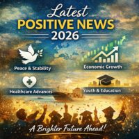 Square infographic poster showing positive news 2026 with themes of global peace, economic growth, healthcare advances, and youth education with icons and celebratory visuals.