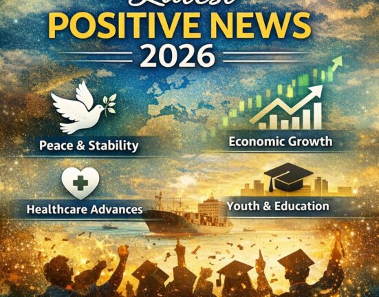 Square infographic poster showing positive news 2026 with themes of global peace, economic growth, healthcare advances, and youth education with icons and celebratory visuals.