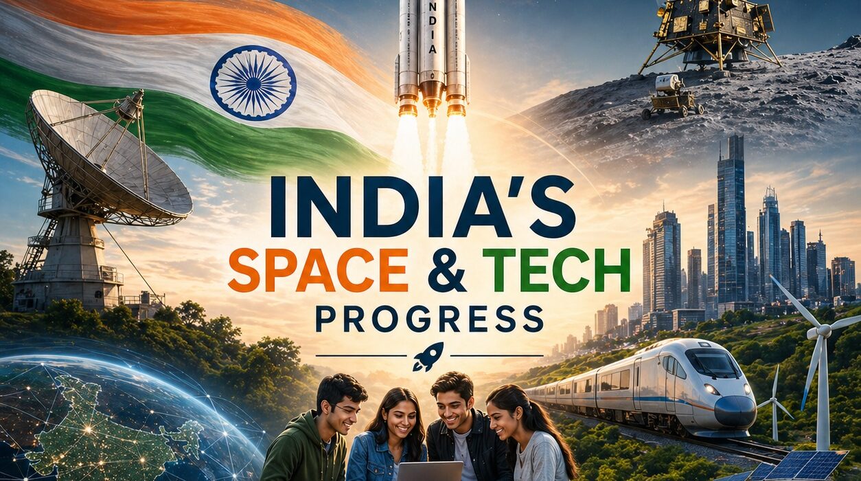 India rocket launch with satellites, city, and youth using technology