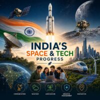 India rocket launch with satellites, city, and youth using technology
