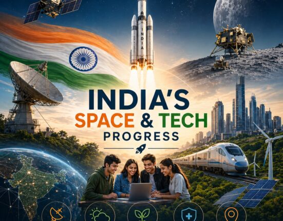India rocket launch with satellites, city, and youth using technology