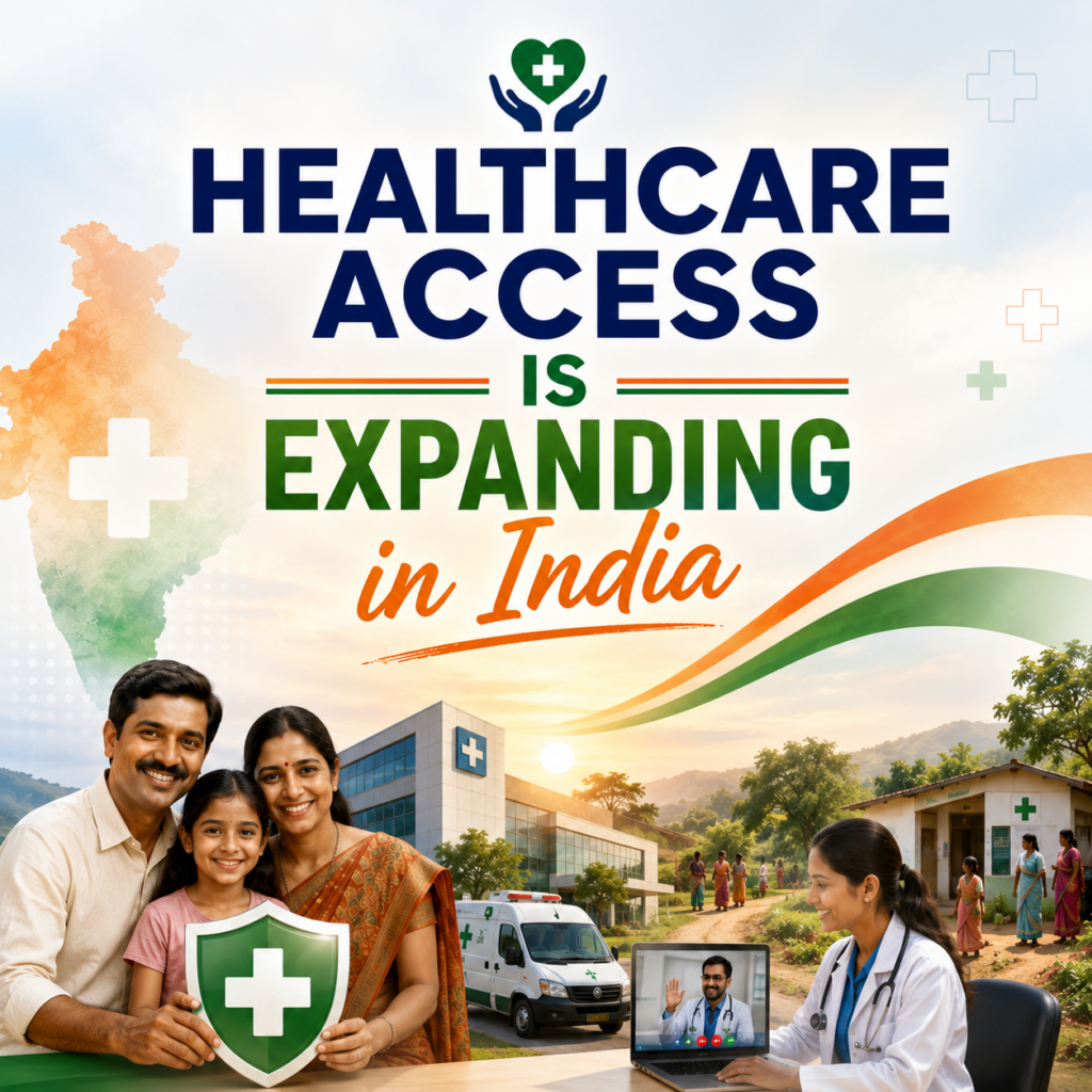 Poster showing the growth of healthcare access in India with doctors, families, hospitals, ambulances, and rural healthcare services in a modern awareness design.