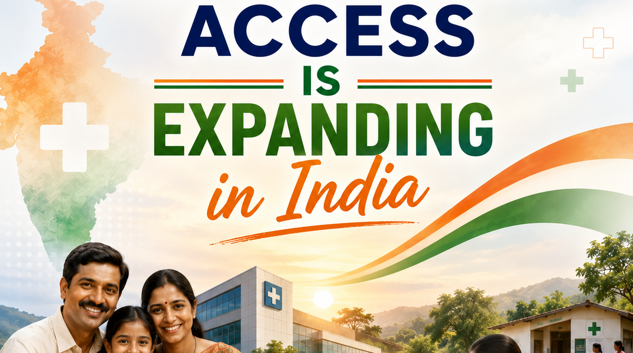 Poster showing the growth of healthcare access in India with doctors, families, hospitals, ambulances, and rural healthcare services in a modern awareness design.