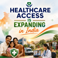 Poster showing the growth of healthcare access in India with doctors, families, hospitals, ambulances, and rural healthcare services in a modern awareness design.