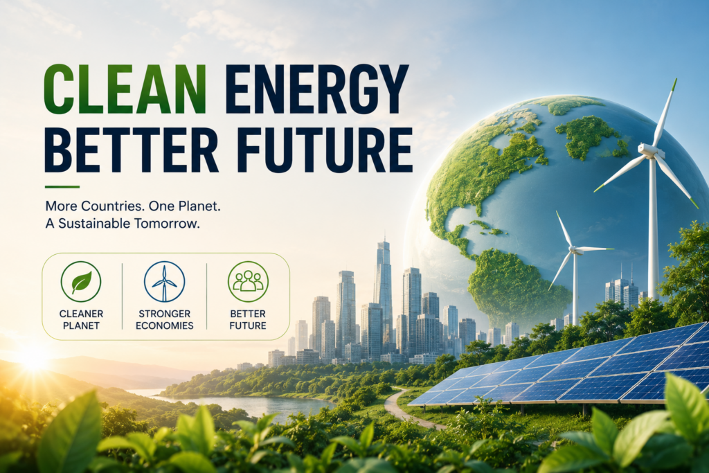 Clean energy poster showing solar panels, wind turbines, and a green Earth with a modern sustainable city.