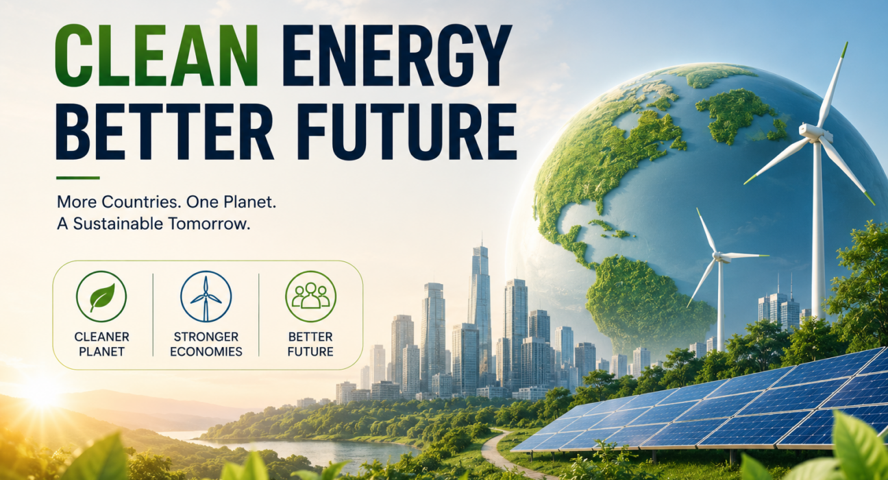Clean energy poster showing solar panels, wind turbines, and a green Earth with a modern sustainable city.