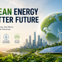 Clean energy poster showing solar panels, wind turbines, and a green Earth with a modern sustainable city.