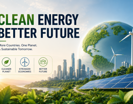 Clean energy poster showing solar panels, wind turbines, and a green Earth with a modern sustainable city.