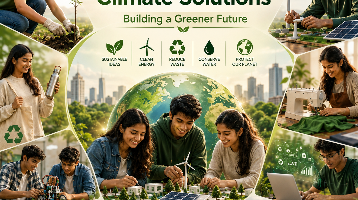 Young innovators working on eco-friendly climate solutions and renewable energy projects.