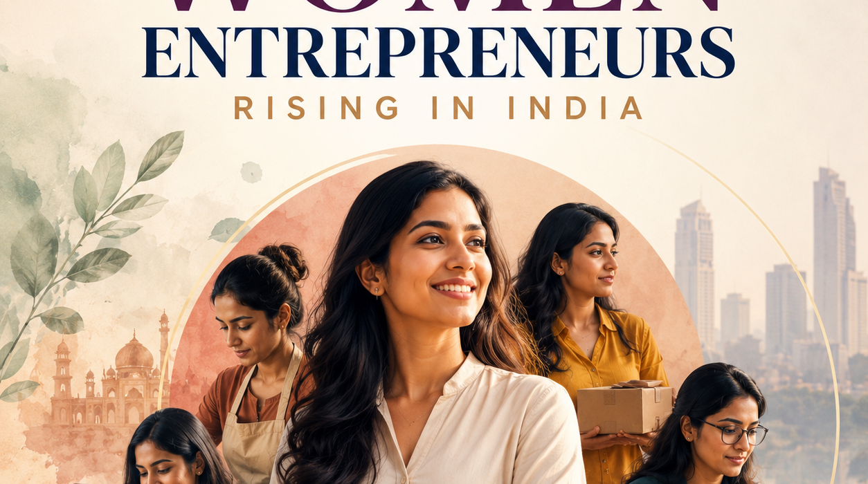 Indian women entrepreneurs in a modern aesthetic business poster.