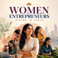 Indian women entrepreneurs in a modern aesthetic business poster.