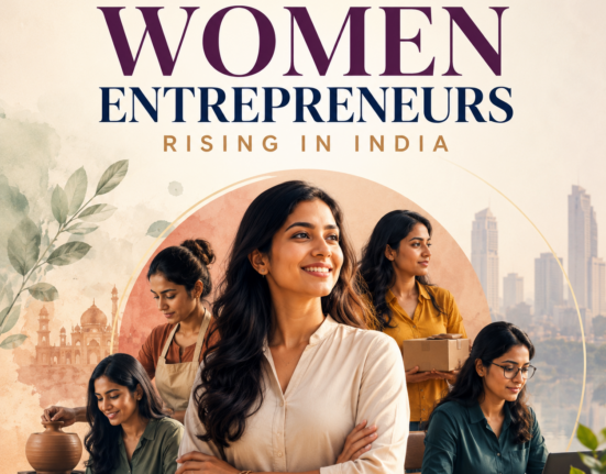 Indian women entrepreneurs in a modern aesthetic business poster.