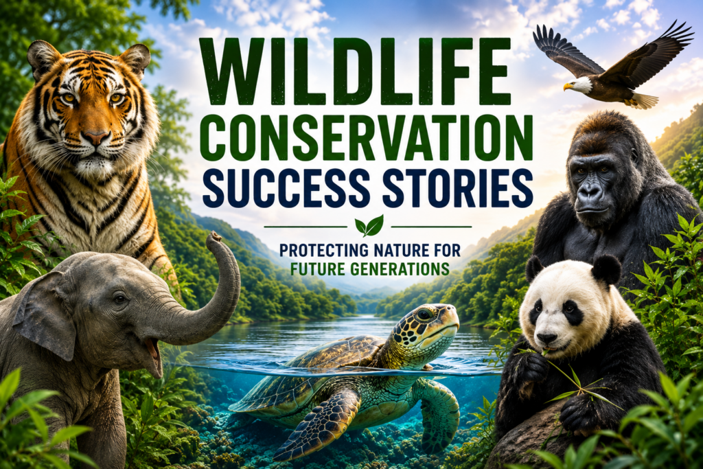 Wildlife conservation poster featuring tiger, elephant, panda, gorilla, eagle, and sea turtle in a lush natural landscape.