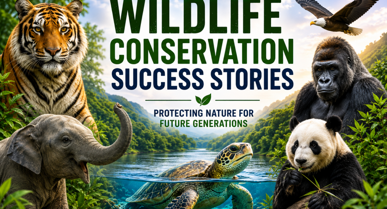 Wildlife conservation poster featuring tiger, elephant, panda, gorilla, eagle, and sea turtle in a lush natural landscape.