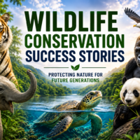 Wildlife conservation poster featuring tiger, elephant, panda, gorilla, eagle, and sea turtle in a lush natural landscape.