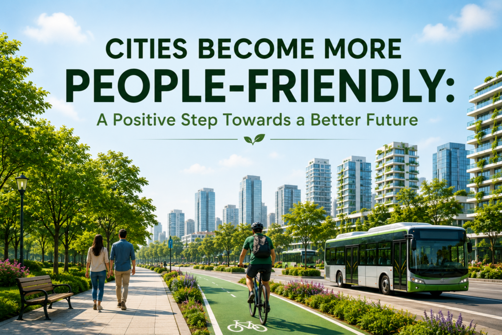 Modern people-friendly city with cyclists, pedestrians, green spaces, and public transport.