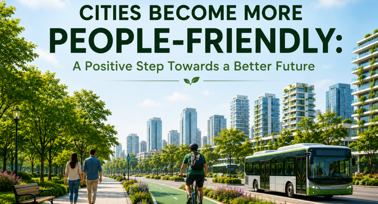 Modern people-friendly city with cyclists, pedestrians, green spaces, and public transport.