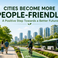 Modern people-friendly city with cyclists, pedestrians, green spaces, and public transport.