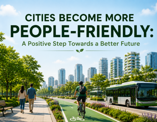 Modern people-friendly city with cyclists, pedestrians, green spaces, and public transport.