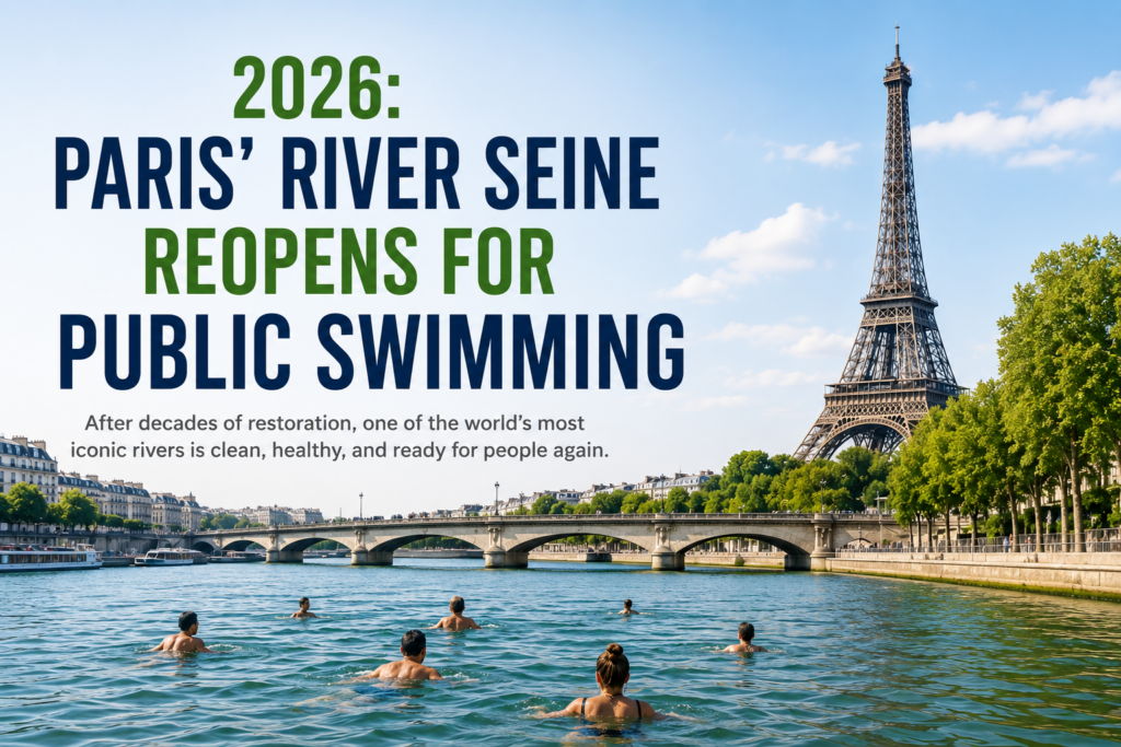 People swimming in Paris' River Seine after its historic reopening for public swimming in 2026.