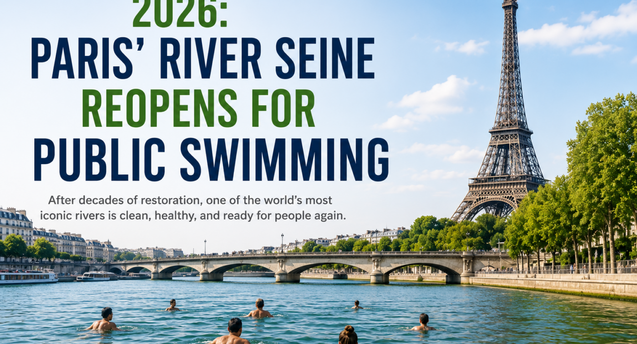 People swimming in Paris' River Seine after its historic reopening for public swimming in 2026.