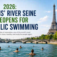 People swimming in Paris' River Seine after its historic reopening for public swimming in 2026.