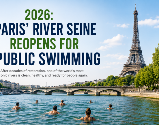 People swimming in Paris' River Seine after its historic reopening for public swimming in 2026.