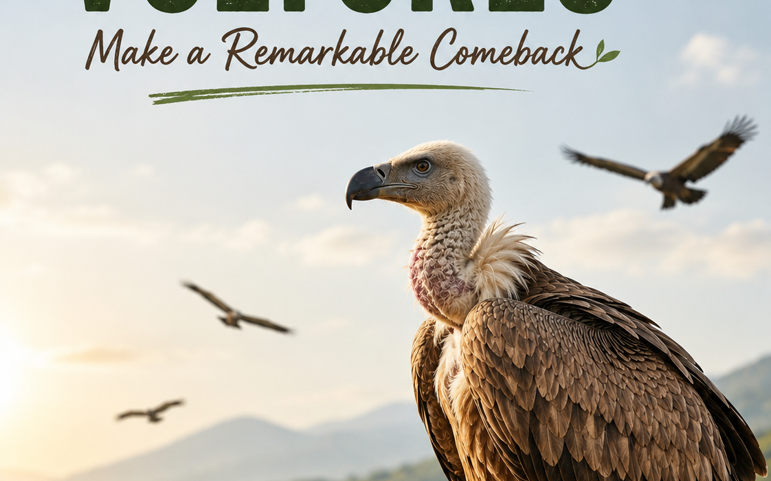 A majestic vulture perched on a rock, symbolizing the successful recovery of South Asia's vulture population.
