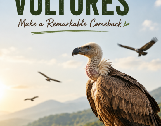 A majestic vulture perched on a rock, symbolizing the successful recovery of South Asia's vulture population.