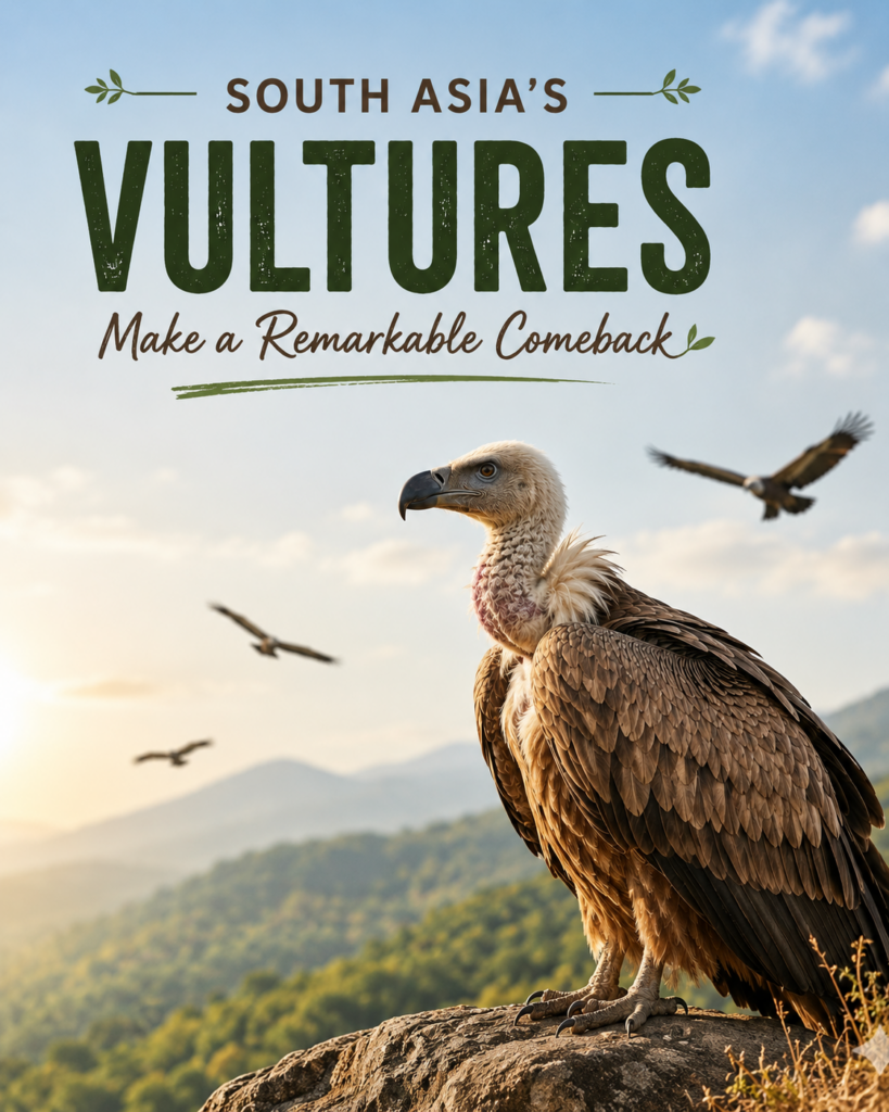 A majestic vulture perched on a rock, symbolizing the successful recovery of South Asia's vulture population.