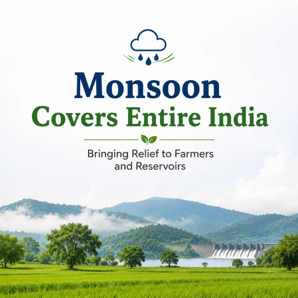 Monsoon clouds over lush green fields and a reservoir in India.