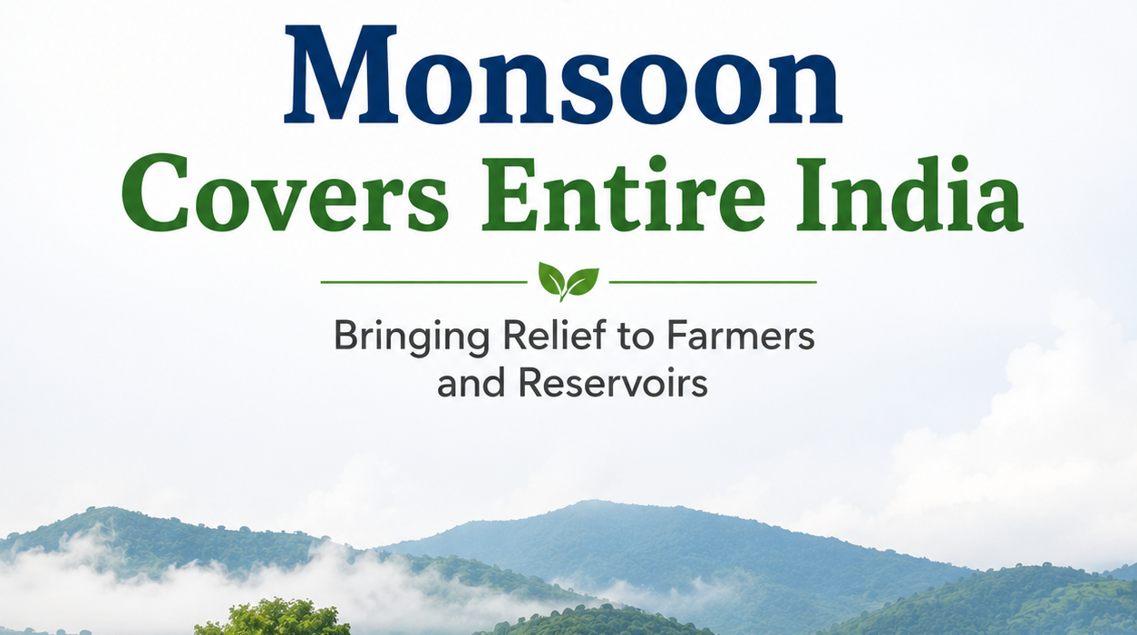 Monsoon clouds over lush green fields and a reservoir in India.
