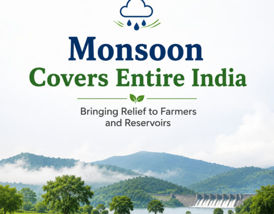 Monsoon clouds over lush green fields and a reservoir in India.