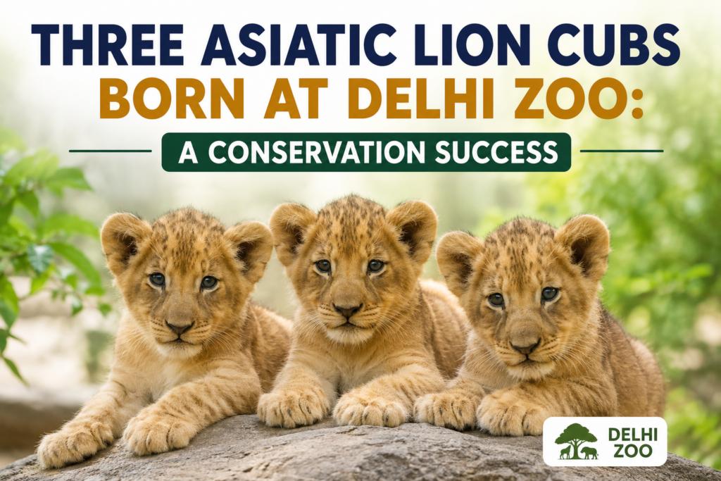 Three Asiatic lion cubs born at Delhi Zoo.