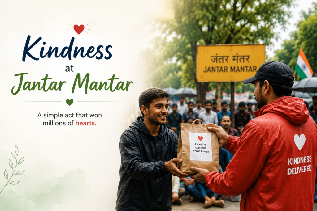 A delivery partner hands a food packet to a protester at Jantar Mantar, highlighting an inspiring act of kindness and community support.